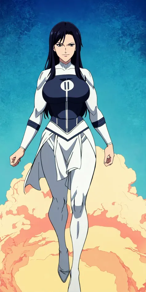 masterpiece, high quality, best quality, 1girl, solo, (muscular female:1.0), (super gigantic breasts:1.0), (closed mouth, half smile), anissa, long hair, black hair, bodysuit, pelvic curtain, boots, anime screencap, anime key visual, (fully clothed:1.0), full body <lora:Anissa:1.0>