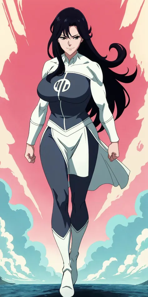 masterpiece, high quality, best quality, 1girl, solo, (muscular female:1.0), (super gigantic breasts:1.0), (closed mouth, half smile), anissa, long hair, black hair, bodysuit, pelvic curtain, boots, anime screencap, anime key visual, (fully clothed:1.0), full body <lora:Anissa:1.0>