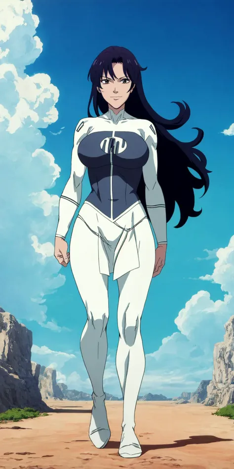 masterpiece, high quality, best quality, 1girl, solo, (muscular female:1.0), (super gigantic breasts:1.0), (closed mouth, half smile), anissa, long hair, black hair, bodysuit, pelvic curtain, boots, anime screencap, anime key visual, (fully clothed:1.0), full body <lora:Anissa:1.0>