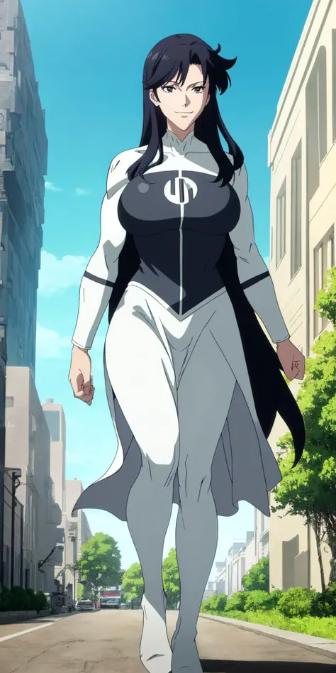 masterpiece, high quality, best quality, 1girl, solo, (muscular female:1.0), (super gigantic breasts:1.0), (closed mouth, half smile), anissa, long hair, black hair, bodysuit, pelvic curtain, boots, anime screencap, anime key visual, (fully clothed:1.0), full body <lora:Anissa:1.0>