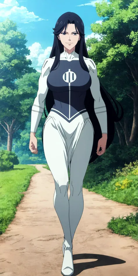 masterpiece, high quality, best quality, 1girl, solo, (muscular female:1.0), (super gigantic breasts:1.0), (closed mouth, half smile), anissa, long hair, black hair, bodysuit, pelvic curtain, boots, anime screencap, anime key visual, (fully clothed:1.0), full body <lora:Anissa:1.0>