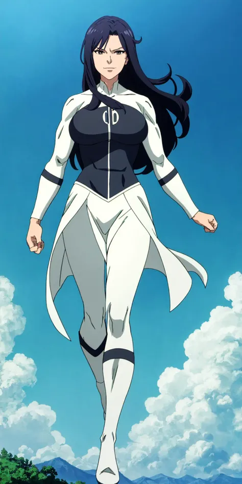 masterpiece, high quality, best quality, 1girl, solo, (muscular female:1.0), (super gigantic breasts:1.0), (closed mouth, half smile), anissa, long hair, black hair, bodysuit, pelvic curtain, boots, anime screencap, anime key visual, (fully clothed:1.0), full body <lora:Anissa:1.0>
