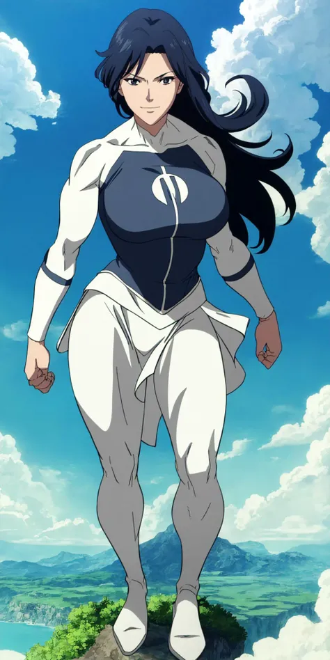 masterpiece, high quality, best quality, 1girl, solo, (muscular female:1.0), (super gigantic breasts:1.0), (closed mouth, half smile), anissa, long hair, black hair, bodysuit, pelvic curtain, boots, anime screencap, anime key visual, (fully clothed:1.0), full body <lora:Anissa:1.0>