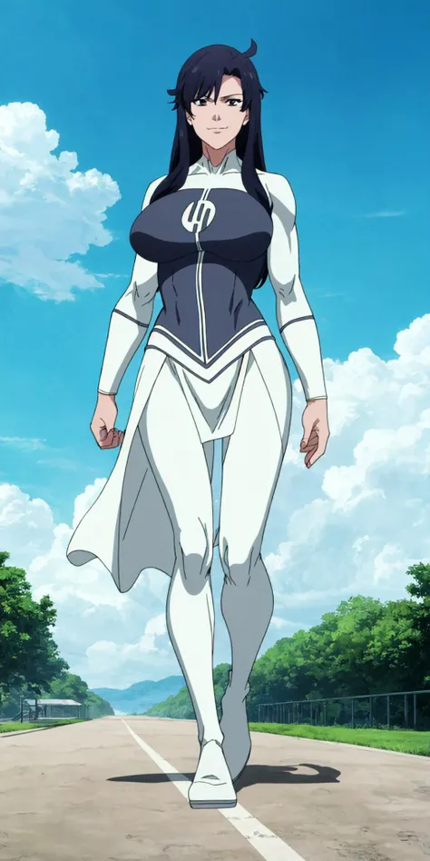 masterpiece, high quality, best quality, 1girl, solo, (muscular female:1.0), (super gigantic breasts:1.0), (closed mouth, half smile), anissa, long hair, black hair, bodysuit, pelvic curtain, boots, anime screencap, anime key visual, (fully clothed:1.0), full body <lora:Anissa:1.0>