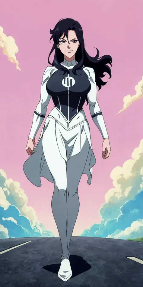 masterpiece, high quality, best quality, 1girl, solo, (muscular female:1.0), (super gigantic breasts:1.0), (closed mouth, half smile), anissa, long hair, black hair, bodysuit, pelvic curtain, boots, anime screencap, anime key visual, (fully clothed:1.0), full body <lora:Anissa:1.0>