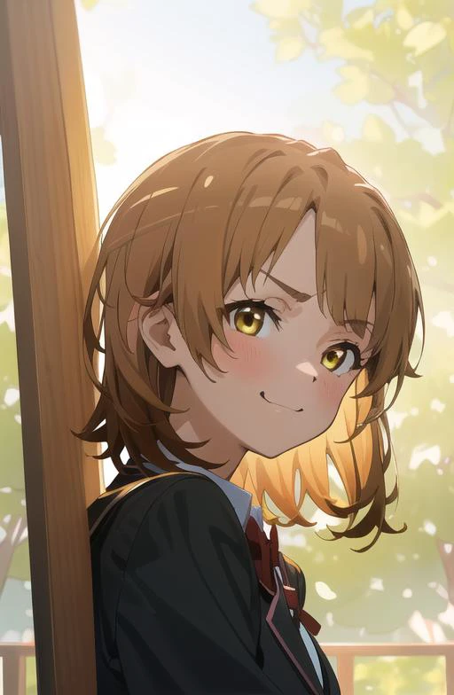 masterpiece, high quality, best quality, high resolution, 4k, high definition, beautiful lighting, highly detailed face, well drawn hands, well drawn legs, well drawn feet, (((well drawn eyes))),1girl, iroha, brown hair, short hair, yellow eyes, sobu high school uniform, black blazer, pink shirt, red ribbon, plaid skirt, standing , petite face, smirking, from side, upper body only, morning sunlight making everything bright,looking at the viewer,sunlight on camera, face closeup, face in the picture <lora:Isshiki_Iroha-01:1>