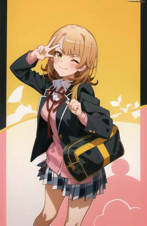 masterpiece, high quality, best quality, high resolution, 4k, high definition, beautiful lighting,highly detailed face, well drawn hands, well drawn legs,well drawn feet,well drawn eyes,1girl, iroha, brown hair, short hair, yellow eyes, smug look , smug expression, sobu high school uniform, black blazer, pink shirt, red ribbon, plaid skirt, standing, smiling , red lines under eyes, holding school bag in one hand, one eye closed, girl peace pose, girl peace sign, (((from front))) , bending down, big boobs, medium ass, <lora:Isshiki_Iroha-01:1>