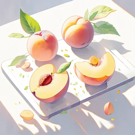 food focus, food, fruit, leaf, still life, peach, <lora:colorfulfood-v10:1>