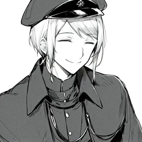 1boy, solo, male focus, short hair, white hair, monochrome, greyscale, solo, hat, peaked cap, closed eyes, smile, military, <lora:Saigiku_Jouno_Manga:0.75>