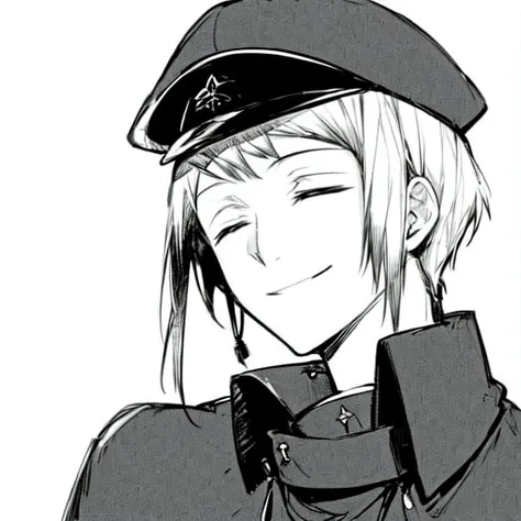 1boy, solo, male focus, short hair, white hair, monochrome, greyscale, solo, hat, peaked cap, closed eyes, smile, military, from side, profile, grin, shaded face, <lora:Saigiku_Jouno_Manga:1>