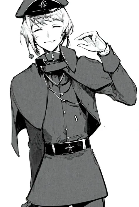 1boy, solo, male focus, short hair, white hair, monochrome, military, male focus, greyscale, hat, gloves, closed eyes, smile, waist-up, <lora:Saigiku_Jouno_Manga:1>