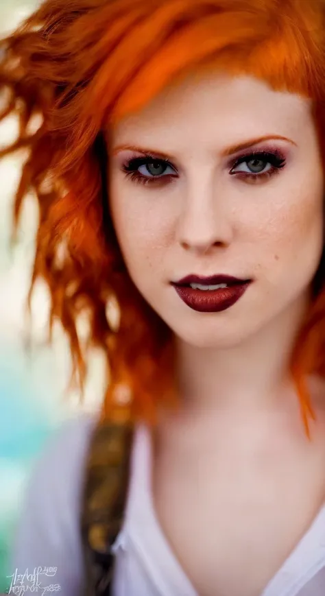 hayley williams (sharp focus:1.2), portrait, attractive young woman, (beautiful face:1.1), detailed eyes, luscious lips, (eye makeup:1.2), body freckles, (large breasts:1.0), (tight body:1.2), (brown hair:1.2), wearing (jeans and t-shirt:1.2) at (the beach:1.2). (morning sun lighting:1.2), depth of field, bokeh, 4K, HDR. by (James C. Christensen:1.2|Jeremy Lipking:1.1).