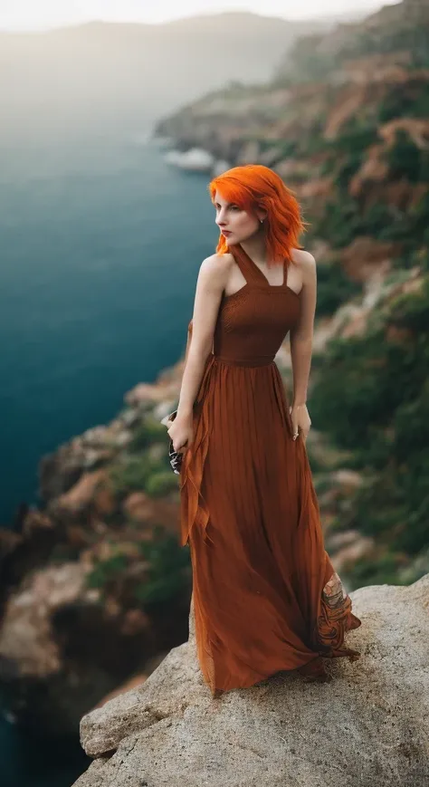 hayley williams (sharp focus:1.2), photo, attractive young woman, (beautiful face:1.1), detailed eyes, luscious lips, (smokey eye makeup:0.85), (medium breasts:1.0), (athletic body:1.2), (wavy hair:1.2), wearing (maxi dress:1.2) on a (cliffside:1.2). (moody lighting:1.2), depth of field, bokeh, 4K, HDR. by (James C. Christensen:1.2|Jeremy Lipking:1.1).