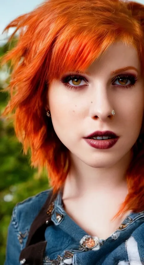 hayley williams (sharp focus:1.2), portrait, attractive young woman, (beautiful face:1.1), detailed eyes, luscious lips, (eye makeup:1.2), body freckles, (large breasts:1.0), (tight body:1.2), (brown hair:1.2), wearing (jeans and t-shirt:1.2) at (the beach:1.2). (morning sun lighting:1.2), depth of field, bokeh, 4K, HDR. by (James C. Christensen:1.2|Jeremy Lipking:1.1).