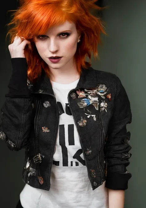 hayley williams (sharp focus:1.2), photo, attractive young woman, (beautiful face:1.1), detailed eyes, luscious lips, (winged eyeliner:0.85), (tight body:1.2), (dark hair:1.2), wearing (jacket:1.2) at a (shop:1.2). (moody lighting:1.2), depth of field, bokeh, 4K, HDR. by (James C. Christensen:1.2|Jeremy Lipking:1.1).