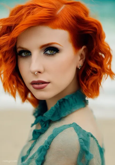 hayley williams (sharp focus:1.2), photo, attractive young woman, (beautiful face:1.1), detailed eyes, luscious lips, (cat eye makeup:0.85), (large eyes:1.0), (toned body:1.2), (curly hair:1.2), wearing (romper:1.2) on a (beach:1.2). (moody lighting:1.2), depth of field, bokeh, 4K, HDR. by (James C. Christensen:1.2|Jeremy Lipking:1.1).