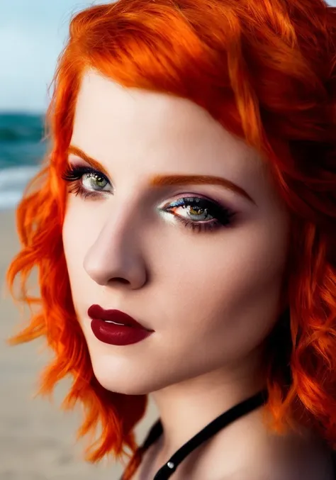 hayley williams (sharp focus:1.2), photo, attractive young woman, (beautiful face:1.1), detailed eyes, luscious lips, (cat eye makeup:0.85), (large eyes:1.0), (toned body:1.2), (curly hair:1.2), wearing (romper:1.2) on a (beach:1.2). (moody lighting:1.2), depth of field, bokeh, 4K, HDR. by (James C. Christensen:1.2|Jeremy Lipking:1.1).