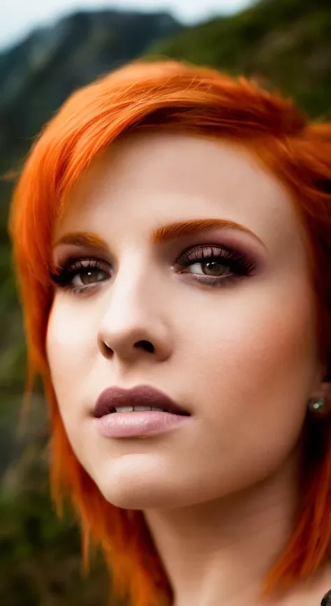 hayley williams (sharp focus:1.2), photo, attractive young woman, (beautiful face:1.1), detailed eyes, luscious lips, (smokey eye makeup:0.85), (medium breasts:1.0), (athletic body:1.2), (wavy hair:1.2), wearing (maxi dress:1.2) on a (cliffside:1.2). (moody lighting:1.2), depth of field, bokeh, 4K, HDR. by (James C. Christensen:1.2|Jeremy Lipking:1.1).