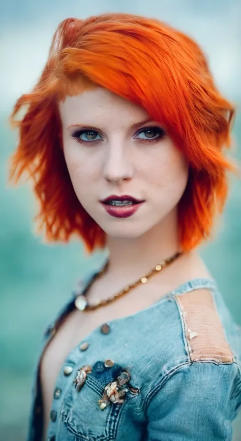 hayley williams (sharp focus:1.2), portrait, attractive young woman, (beautiful face:1.1), detailed eyes, luscious lips, (eye makeup:1.2), body freckles, (large breasts:1.0), (tight body:1.2), (brown hair:1.2), wearing (jeans and t-shirt:1.2) at (the beach:1.2). (morning sun lighting:1.2), depth of field, bokeh, 4K, HDR. by (James C. Christensen:1.2|Jeremy Lipking:1.1).