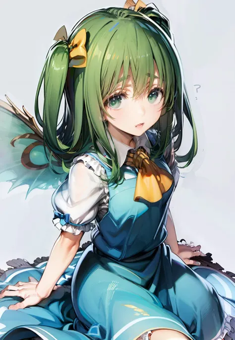 masterpiece, best quality, <lora:daiyousei:1>,1girl, green hair, side ponytail,green eyes,bow,ascot,blue dress, wings,