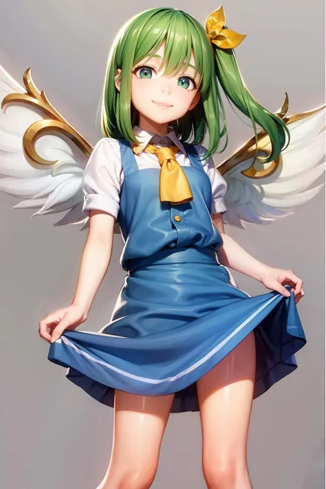 masterpiece, best quality, <lora:daiyousei:1>,1girl,littl smile,daiyousei, green eyes,green hair,wings,grey background,