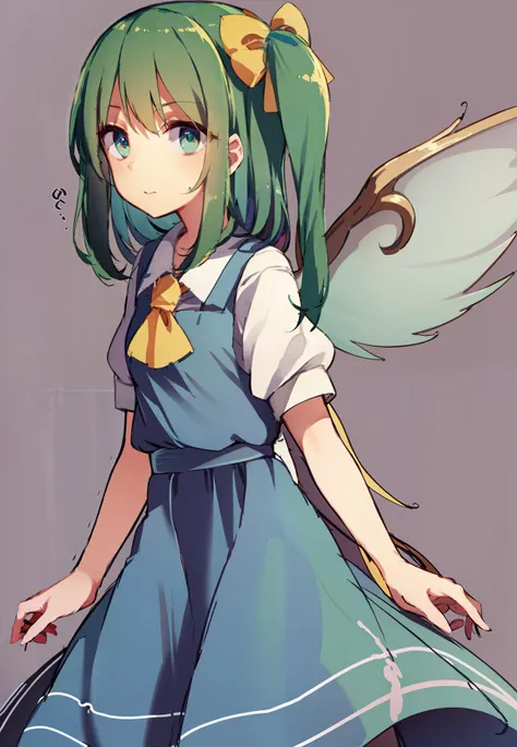 masterpiece, best quality, <lora:daiyousei:1>, <lora:style02:0.8>,1girl, green hair, side ponytail,green eyes,bow,ascot,blue dress, wings,