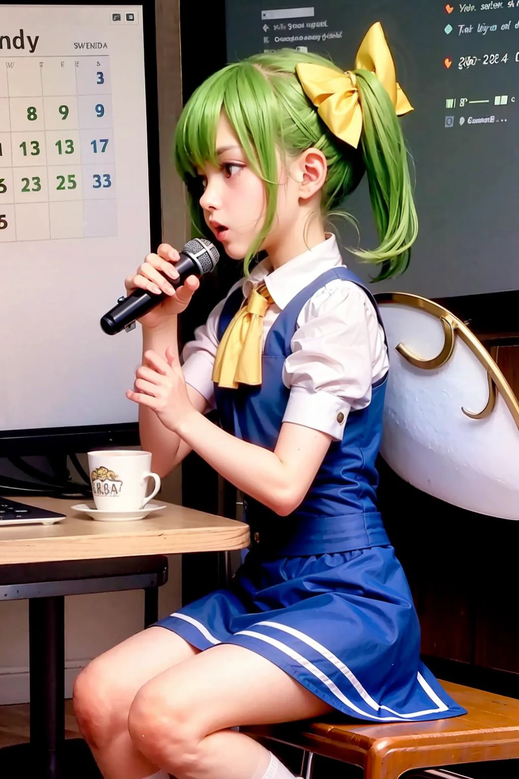 masterpiece, best quality, <lora:daiyousei:1>,1girl, daiyousei, green hair, blue eyes, blush, wings, solo, side ponytail, fairy wings, microphone, sitting, dress, pointy ears, hair bow, bow, socks, short hair, ascot, sweatdrop, short sleeves, hand on own chest, calendar (object), blue dress, fairy, dated, puffy sleeves, white socks, underwear, ribbon