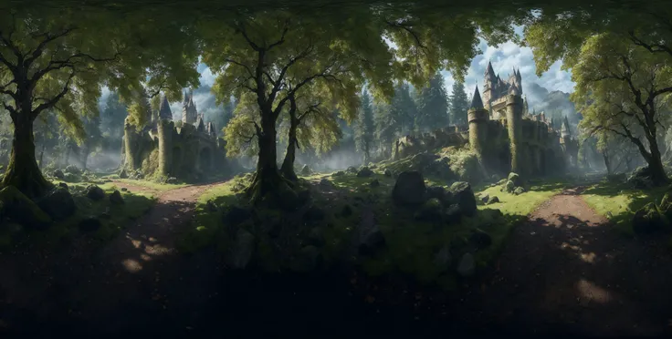 a a large open clearing in an old forest, (view of a castle:1.1) , unreal engine, detailed, high quality, photoreal, movie still, (cinematic lighting:1.3), canon lens, 360 degree, equirectangular, qxj, <lora:360Diffusion_v1:0.4>