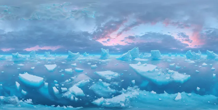 in an antarctic beach, lots of icebergs on the sea, blue ice, pink sky, unreal engine, detailed, high quality, photoreal, movie still, (cinematic lighting:1.3), canon lens, 360 degree, equirectangular, qxj, <lora:360Diffusion_v1:0.4>