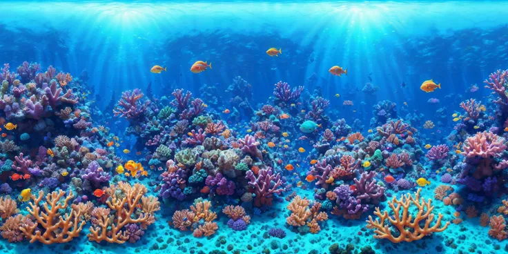 in middle of a colorful coral undersea, bright light, unreal engine, detailed, high quality, photoreal, movie still, (cinematic lighting:1.3), canon lens, 360 degree, equirectangular, qxj, <lora:360Diffusion_v1:0.3>
