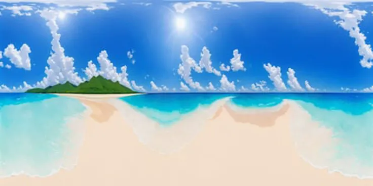 view of a stunning tropical beach with sparkling waves on a sunny day, photo, qxj <lora:360Diffusion_v1:1>