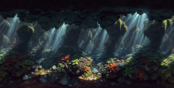 harsh light, heavy contrast, a cave with open ceiling casting sun beams on a green mosses and ferns, and a open( view on ocean:1.1) at the bottom, cell shading render, 4k, 360 degree, equirectangular, qxj, <lora:360Diffusion_v1:0.3>