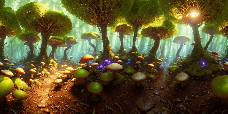 in middle of a mushroom forest, bright light,  unreal engine, detailed, high quality, photoreal, movie still, (cinematic lighting:1.3), canon lens, 360 degree, equirectangular, qxj, <lora:360Diffusion_v1:0.3>