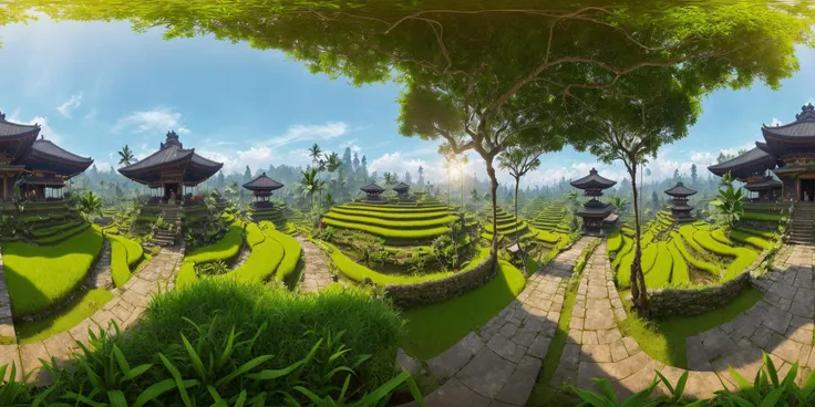 in the middle of terraced rice fields in bali, lush vegetation, balinese temple, bright light, unreal engine, detailed, high quality, photoreal, still, (cinematic lighting:1.3), canon lens, 360 degree, equirectangular, qxj, <lora:360Diffusion_v1:0.3>