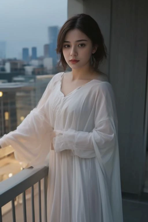 (masterpiece:1.21),(bestquality:1.21),8k,high detailed,ultra-detailed,photography,award winning,documentary,realistic,crystal clear,8K UHD,high detail,ultra-realistic,1girl,solo,Brilliant light,cinematic lighting,long_focus,women,standing on balcony,