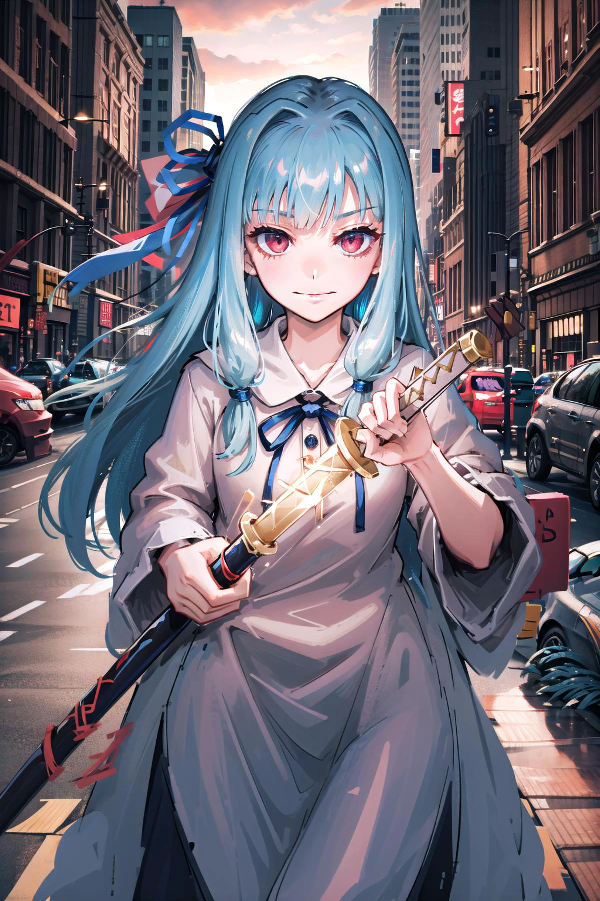 (highly detailed:1.3),
1girl, solo, smirk,
<lora:kotonoha_aoi:1>, kotonoha aoi, hair ribbon, blue hair, red eyes, very long hair, blunt bangs,
Ultra-detail, (highres:1.1), best quality, (masterpiece:1.3), cinematic lighting,
<lora:ChihiroUnsheathingAKatanaMeme:0.75>, IncrsUnsheathingAKatanaMeme, sheath, holding sheath,