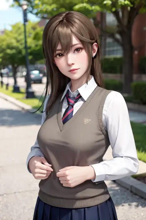 <lora:doa_misaki:0.7> misaki, sweater vest, tie, shirt, pleated skirt, school uniform
