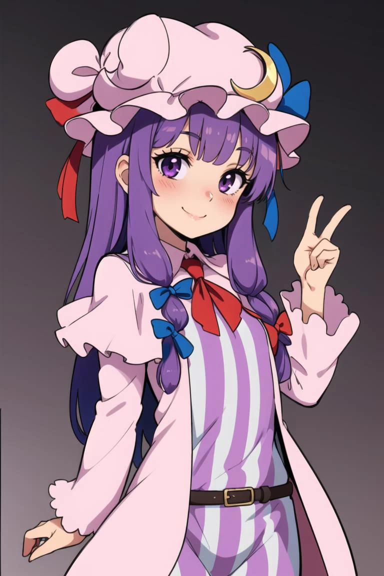((best quality)), mature, patchouli_knowledge, cowboy shot, blushing, smile, purple hat, purple eyes, (crescent hat ornament), 1girl <lora:patchouliLORA-05:1>