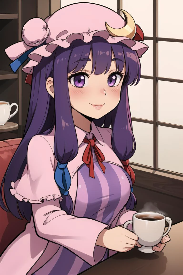 ((best quality)), mature, patchouli_knowledge, upper body, cup of coffee, blushing, smile, purple hat, purple eyes, (crescent hat ornament), 1girl <lora:patchouliLORA-05:1>