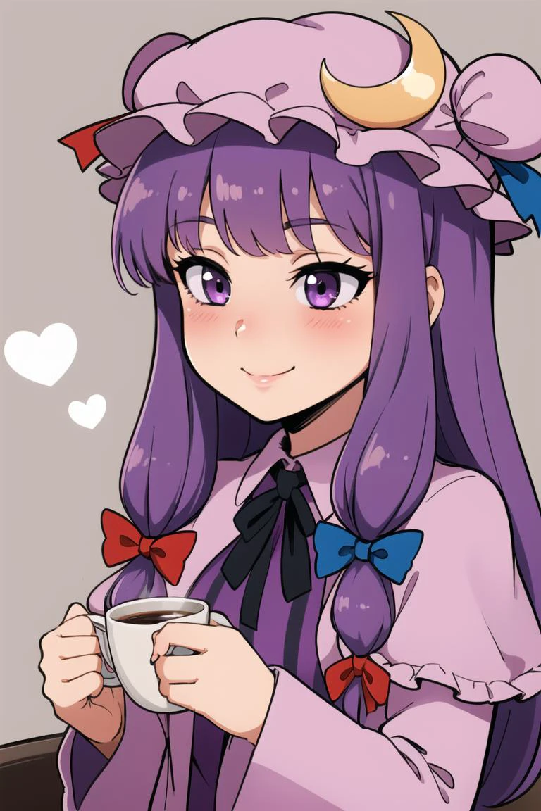 ((best quality)), mature, patchouli_knowledge, upper body, cup of coffee, blushing, smile, purple hat, purple eyes, (crescent hat ornament), 1girl <lora:patchouliLORA-05:1>