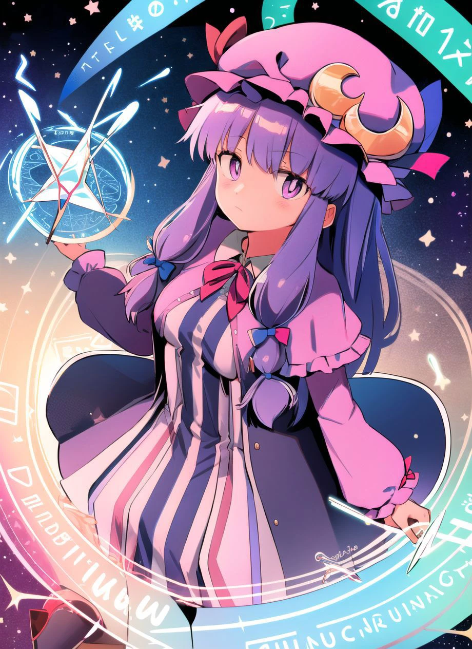 patchouli_knowledge, from above, emotionless, purple hat, purple eyes, (crescent hat ornament), breasts, 1girl <lora:patchouliKnowledge_v10:1> , looking at viewer,
casting spell, magic, magic circle, magical powers, bright blue lightning effect,
<lora:menma-10:1>