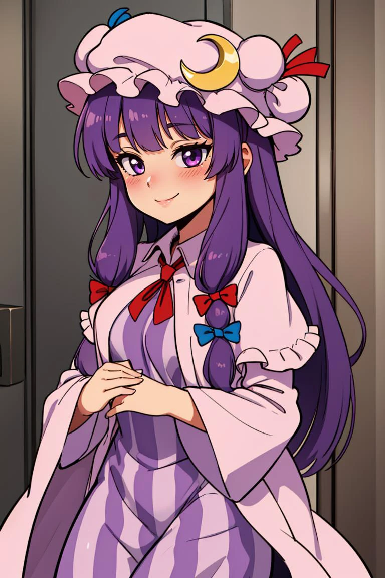((best quality)), mature, patchouli_knowledge, cowboy shot, blushing, smile, purple hat, purple eyes, (crescent hat ornament), 1girl <lora:patchouliLORA-05:1>