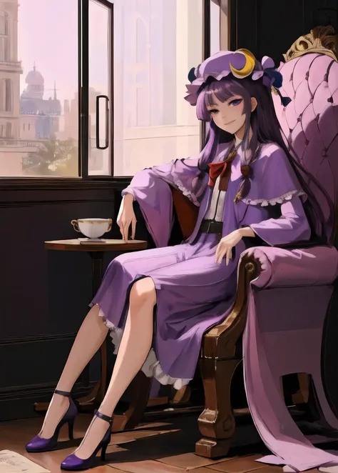 ((masterpiece, best quality)), 1girl, patchouli_knowledge, purple dress, purple eyes, purple hat, crescent hair ornament, sitting, chair, (tea, cup), drinking, looking at viewer, holding cup, full body, (smirk), <lora:patchouliLORA-05:1>