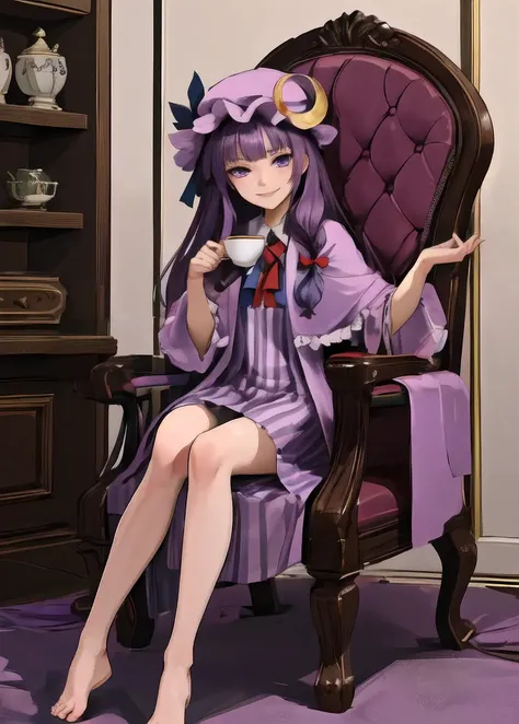 feet, sole, toe ((masterpiece, best quality)), 1girl, patchouli_knowledge, purple dress, purple eyes, purple hat, crescent hair ornament, looking at viewer, full body, (smirk), <lora:patchouliLORA-05:1>
