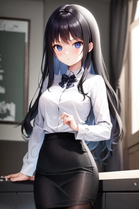 8K, Attractive, intensely detailed, 20 Year Old Girl, sexy and attractive woman with dark, black hair. She has beautiful sky-blue eyes with a heart inside. She is wearing a white shirt and a blue skirt, accentuating her waist and giving us a view of her adorable panties. From under the skirt we can see sexy black, lace panties with bow. This high-quality, high-definition image will give you a shocking visual experience.