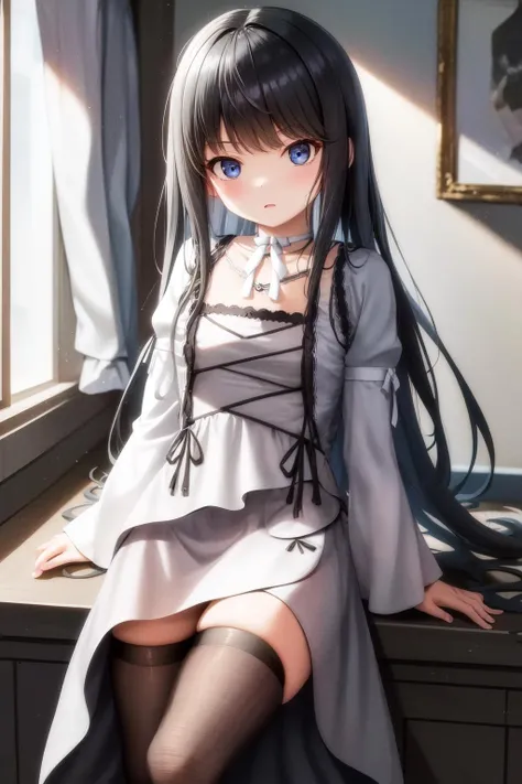 masterpiece, best quality, highres, 1girl, black thighhighs white dress white choker <lora:natsuki_minamiya:1>