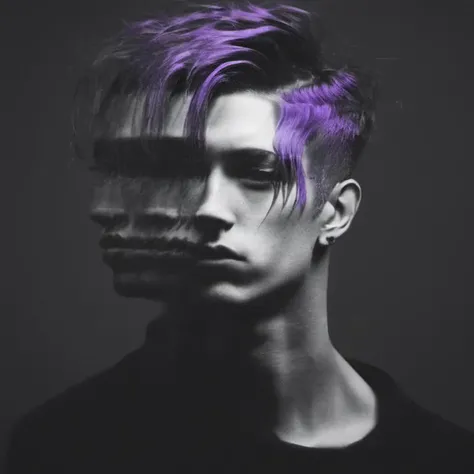 <lora:SDXL_Textured_glass_Test_Sa_May:1>, a man specular distortion <lora:SDXL_distortion_Sa_May_V2:1>, thoughtful, insight, black lavender duotone, purple hair, dark background, (curved glass:1.5), (textured glass:1.5), (fluted glass:1.5),