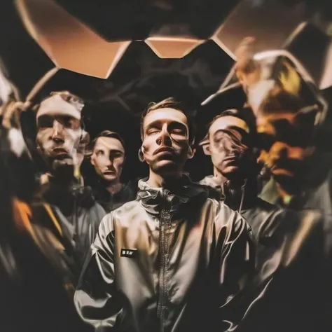 mans in techwear stands alone in the center of the room, specular distortion <lora:SDXL_distortion_Sa_May:1>, Drone, acid colors, polygonal, golden hour, fisheye Lens