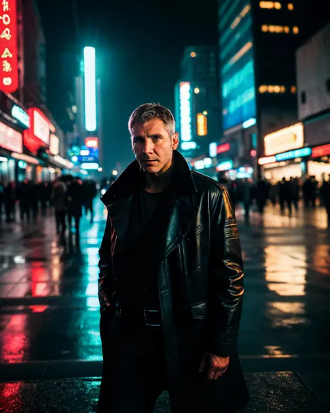 <lora:Harrison Ford:1>,sks man,standing,short hair,cyberpunk,blade runner deckard cosplay,front view,blade runner city,cinematic,Canon powershot , bokeh,filmic grain,motion blur,soft lighting ,neon lights,uhd,8k,ultrasharp,masterpiece,nighttime,low brightness,dimly lit