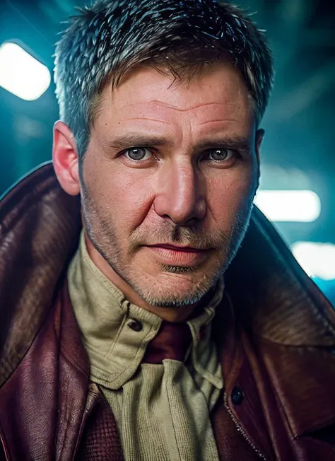 closeup portrait of sksman, smiling , unshaved, wearing blade runner cosplay , with very short haircut , background barn epic (photo, studio lighting, hard light, sony a7, 50 mm, matte skin, pores, colors, hyperdetailed, hyperrealistic), <lyco:Harrison Ford:1.3>